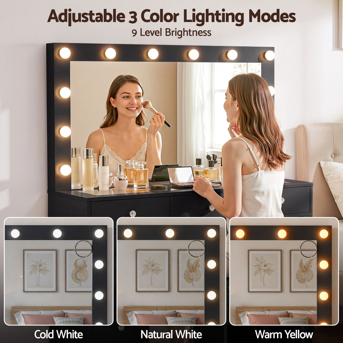 Artiss Black LED Dressing Table Set with Charging Station