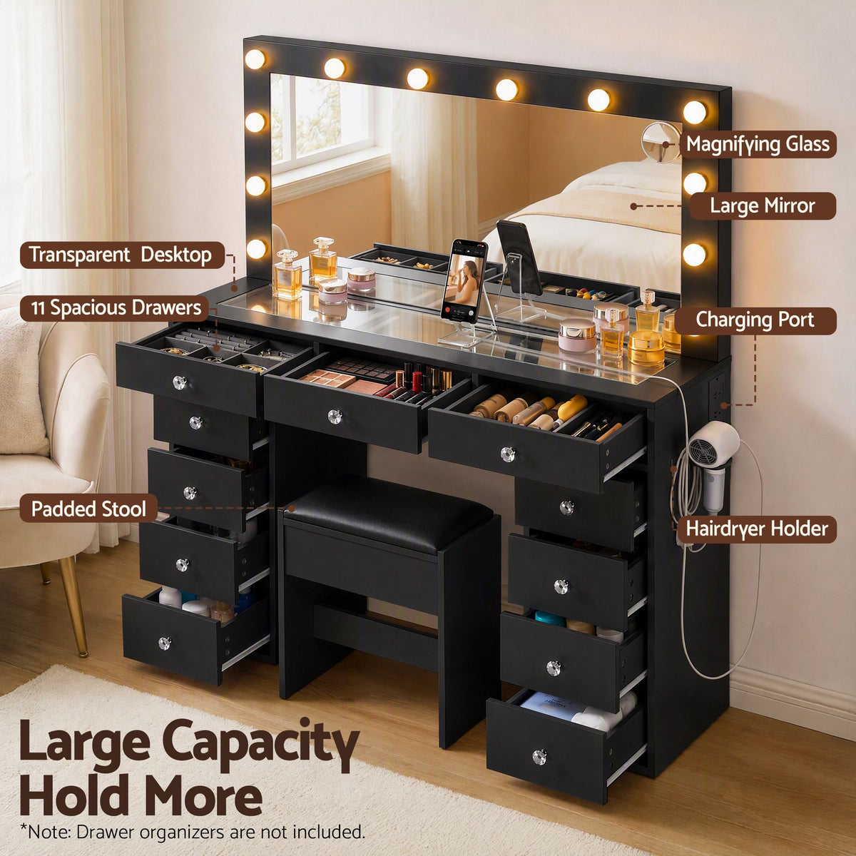 Artiss Black LED Dressing Table Set with Charging Station
