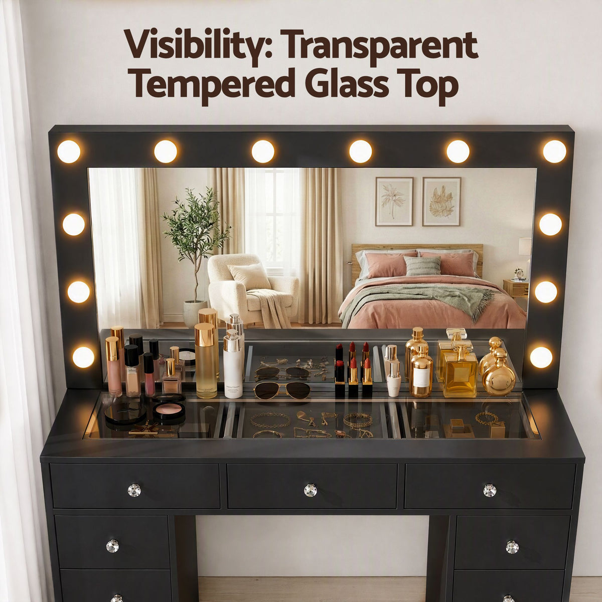 Artiss Black LED Dressing Table Set with Charging Station
