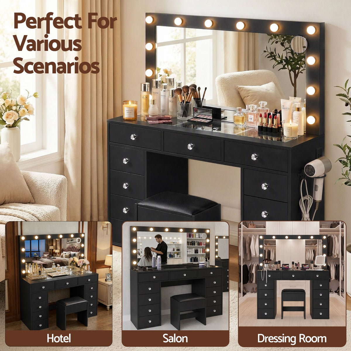 Artiss Black LED Dressing Table Set with Charging Station