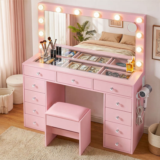 Artiss Pink LED Dressing Table Set with Charging Station