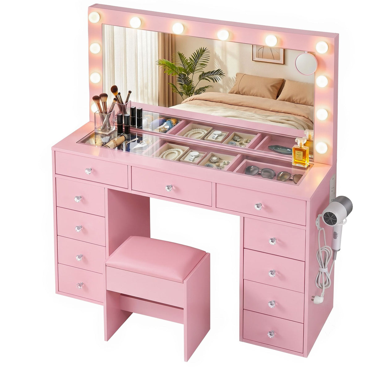Artiss Pink LED Dressing Table Set with Charging Station