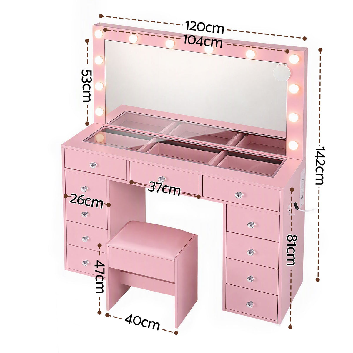 Artiss Pink LED Dressing Table Set with Charging Station