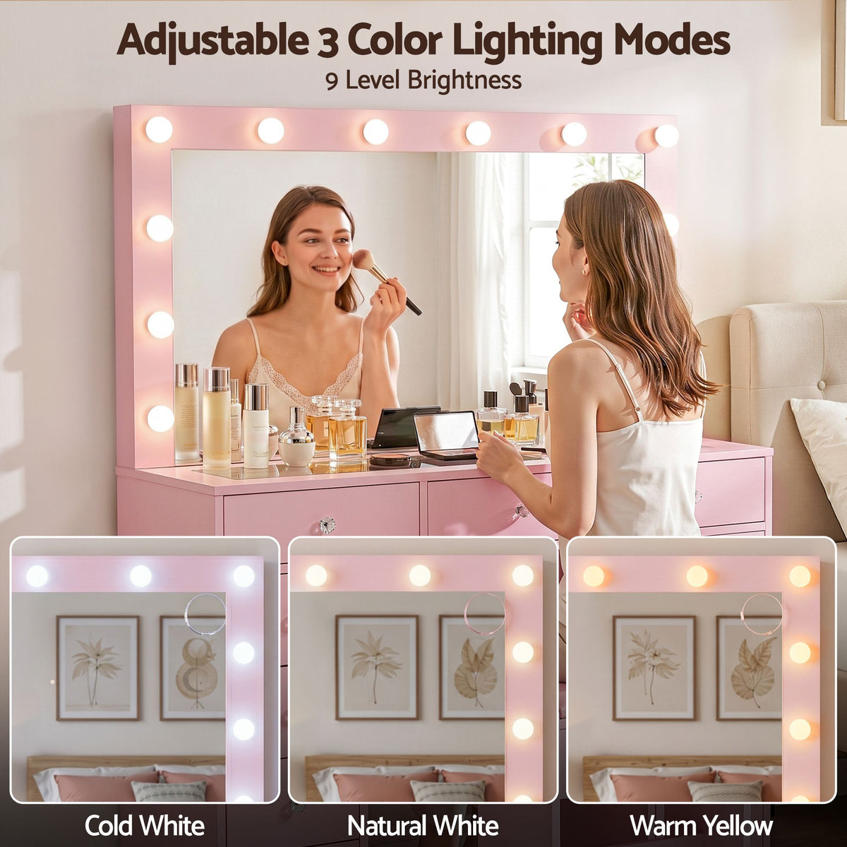 Artiss Pink LED Dressing Table Set with Charging Station