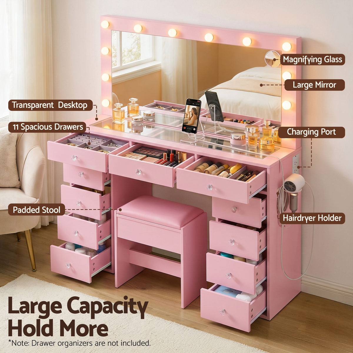 Artiss Pink LED Dressing Table Set with Charging Station