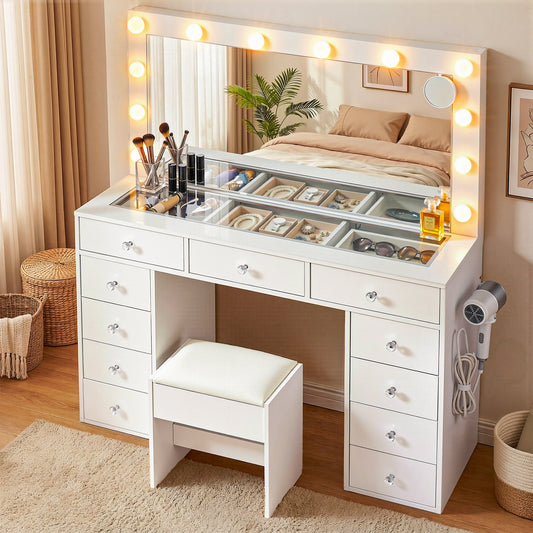 Artiss White Dressing Table with Stool and LED Bulbs
