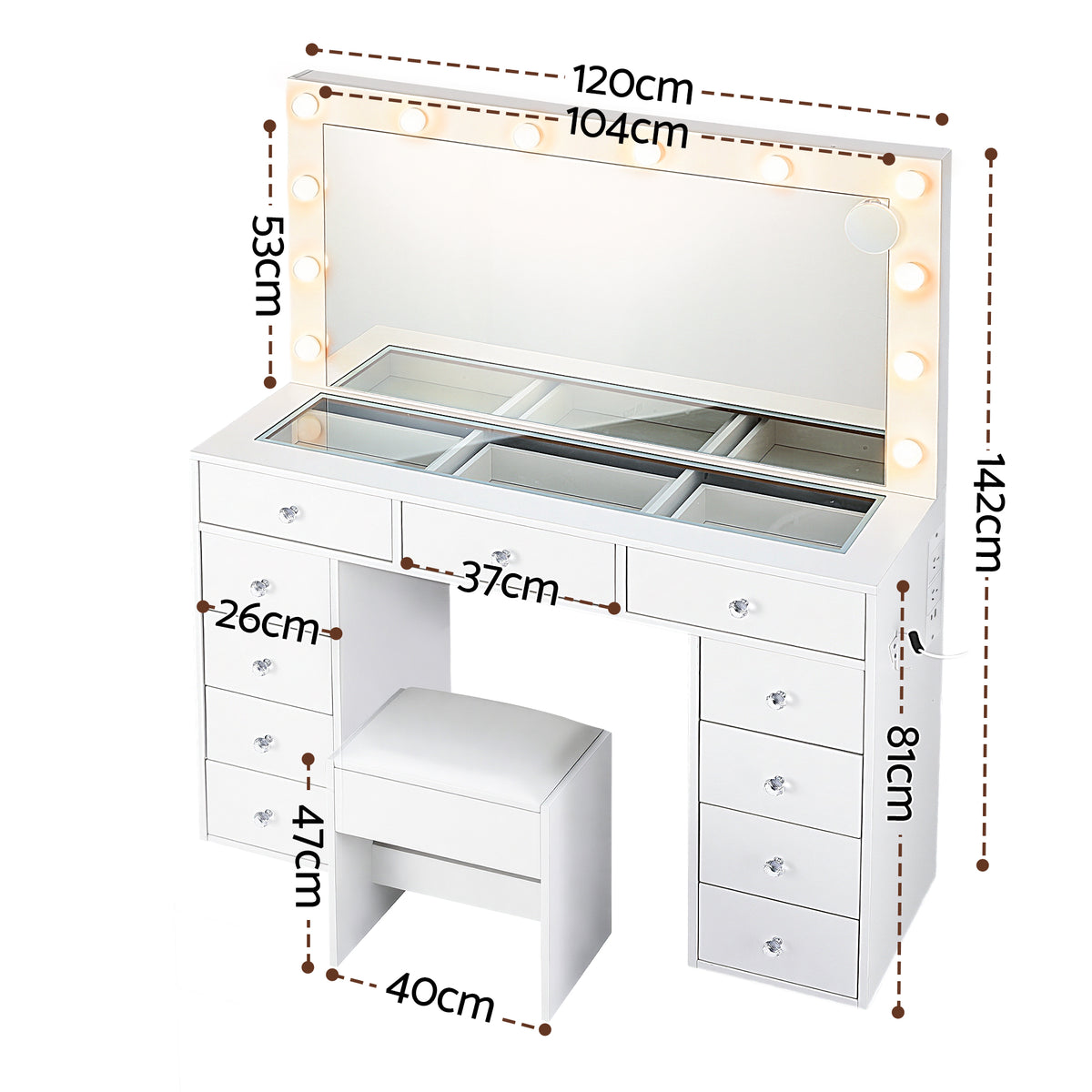 Artiss White Dressing Table with Stool and LED Bulbs