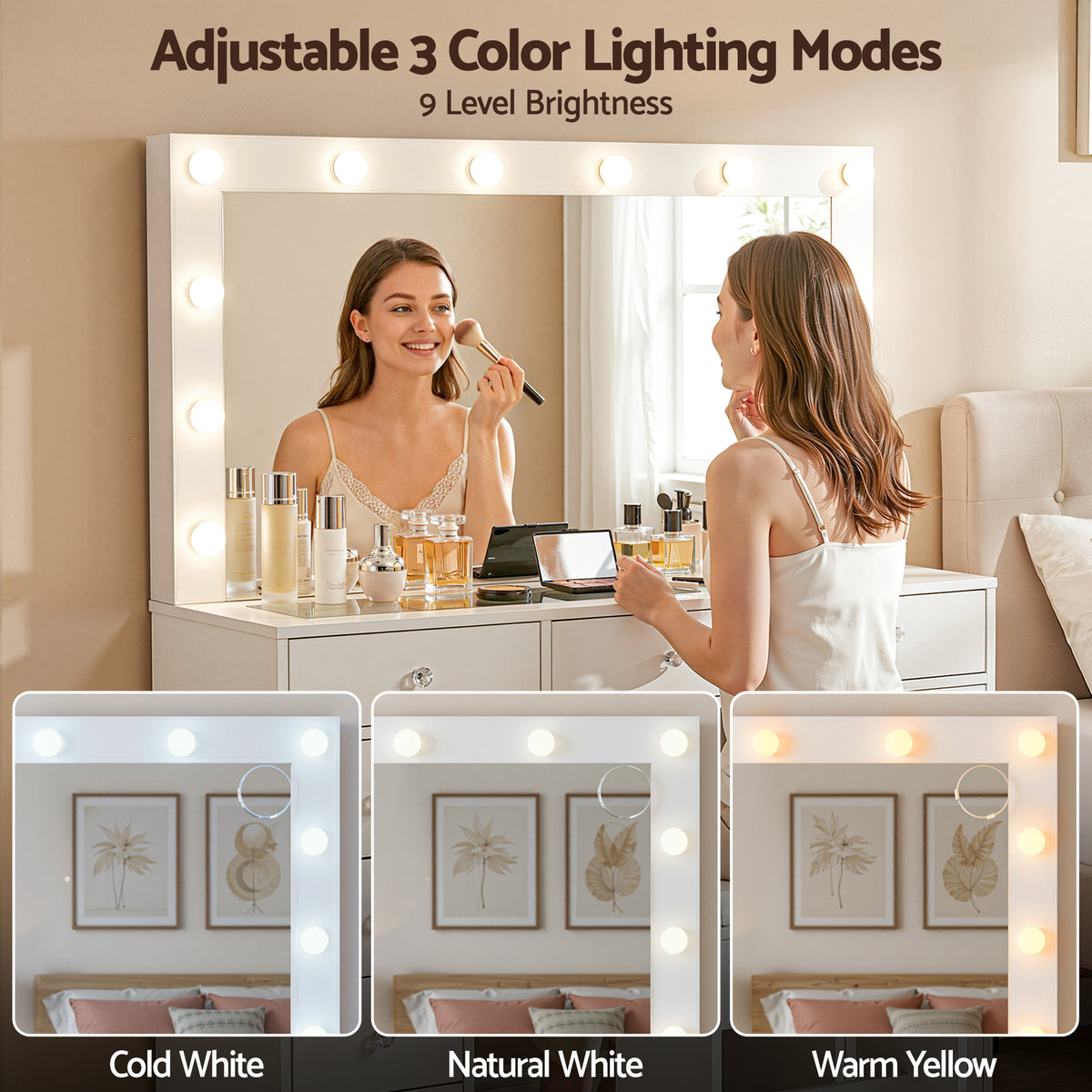 Artiss White Dressing Table with Stool and LED Bulbs