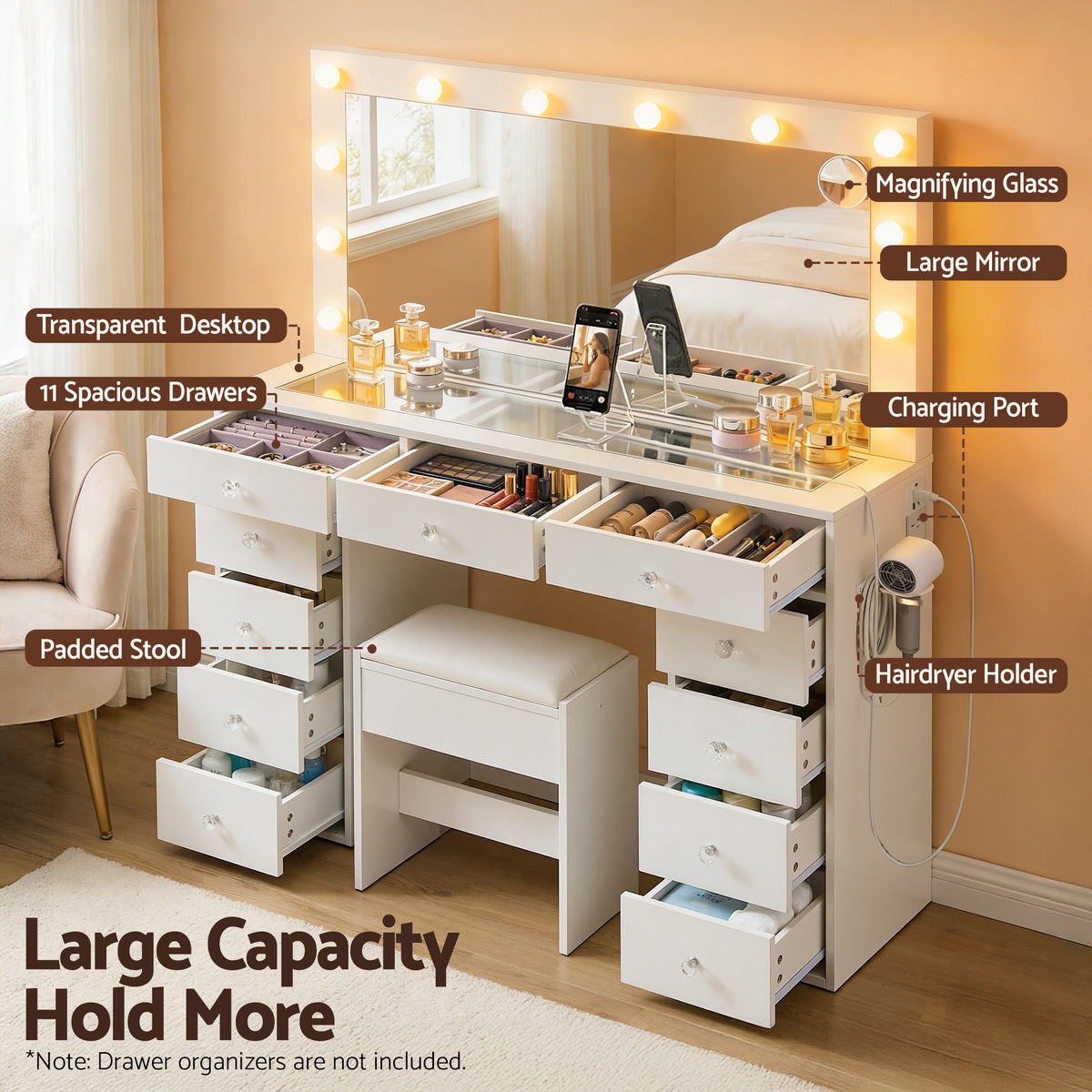 Artiss White Dressing Table with Stool and LED Bulbs