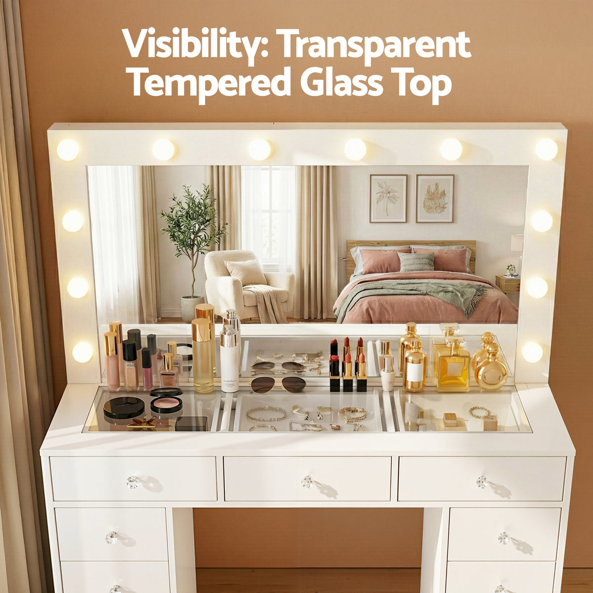 Artiss White Dressing Table with Stool and LED Bulbs
