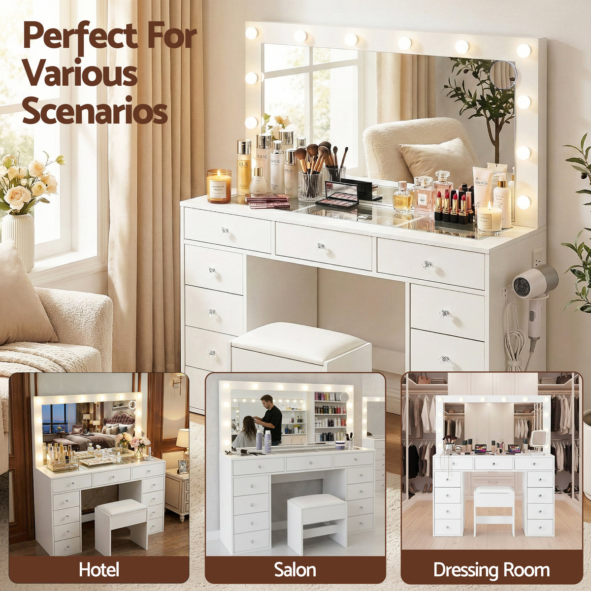 Artiss White Dressing Table with Stool and LED Bulbs
