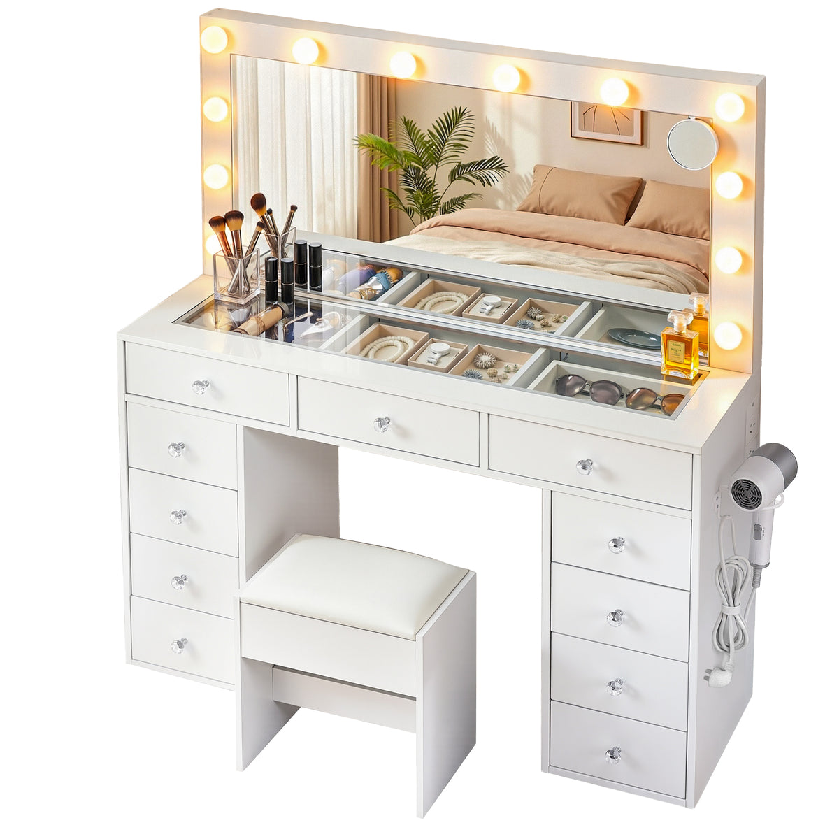 Artiss White Dressing Table with Stool and LED Bulbs