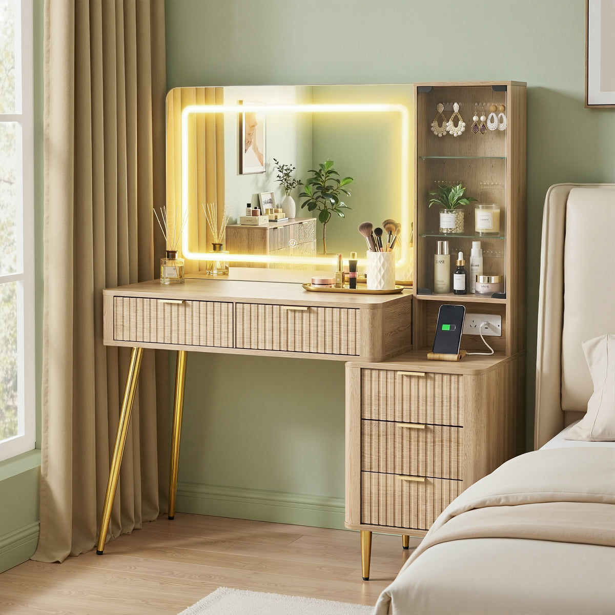 Artiss Wood Finish LED Dressing Table with Charging Station