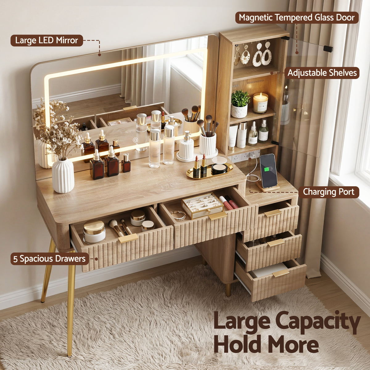 Artiss Wood Finish LED Dressing Table with Charging Station