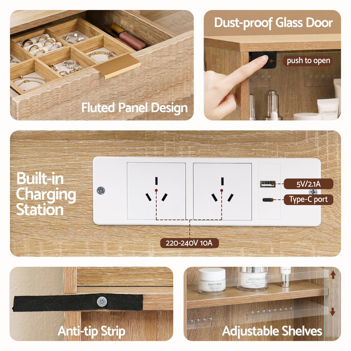 Artiss Wood Finish LED Dressing Table with Charging Station