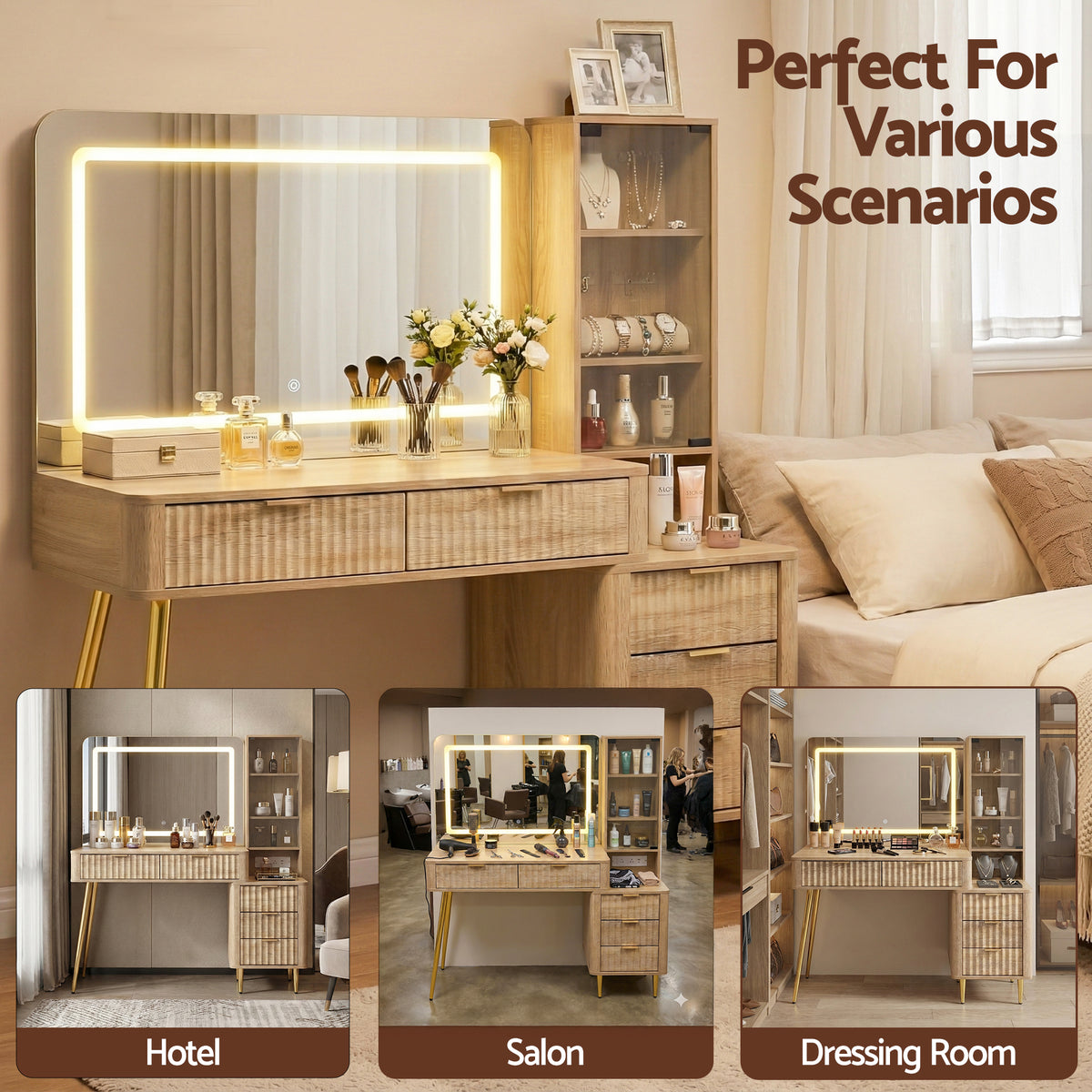 Artiss Wood Finish LED Dressing Table with Charging Station