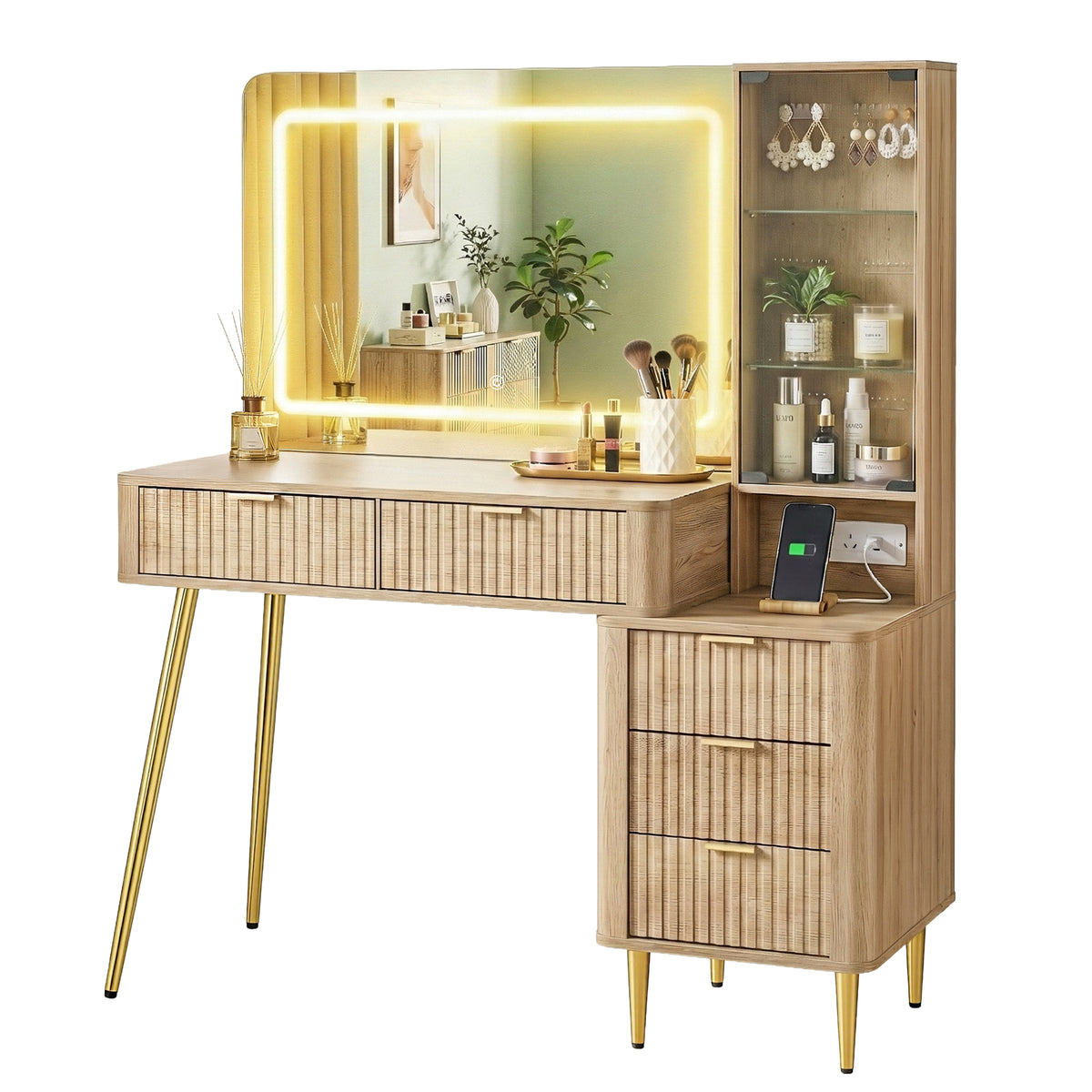 Artiss Wood Finish LED Dressing Table with Charging Station
