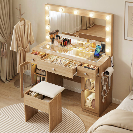 Artiss Wood Finish Dressing Table Set with LED and RGB Lighting