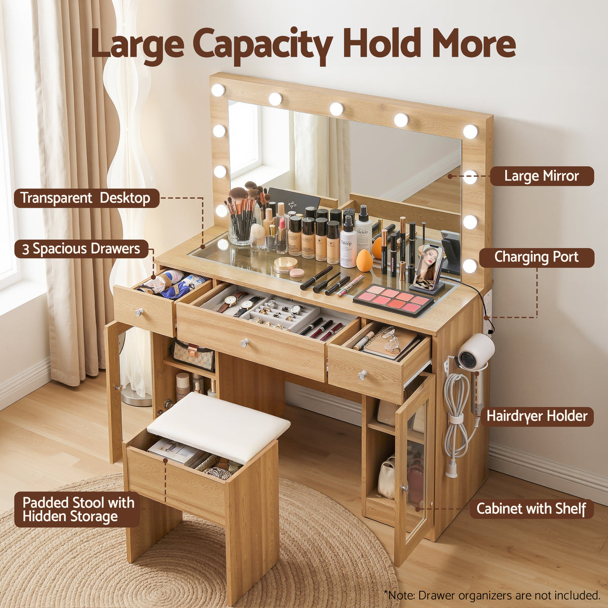 Artiss Wood Finish Dressing Table Set with LED and RGB Lighting