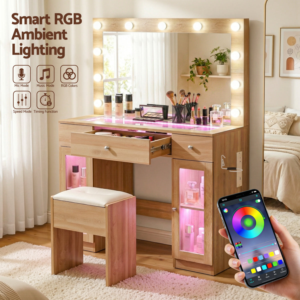 Artiss Wood Finish Dressing Table Set with LED and RGB Lighting