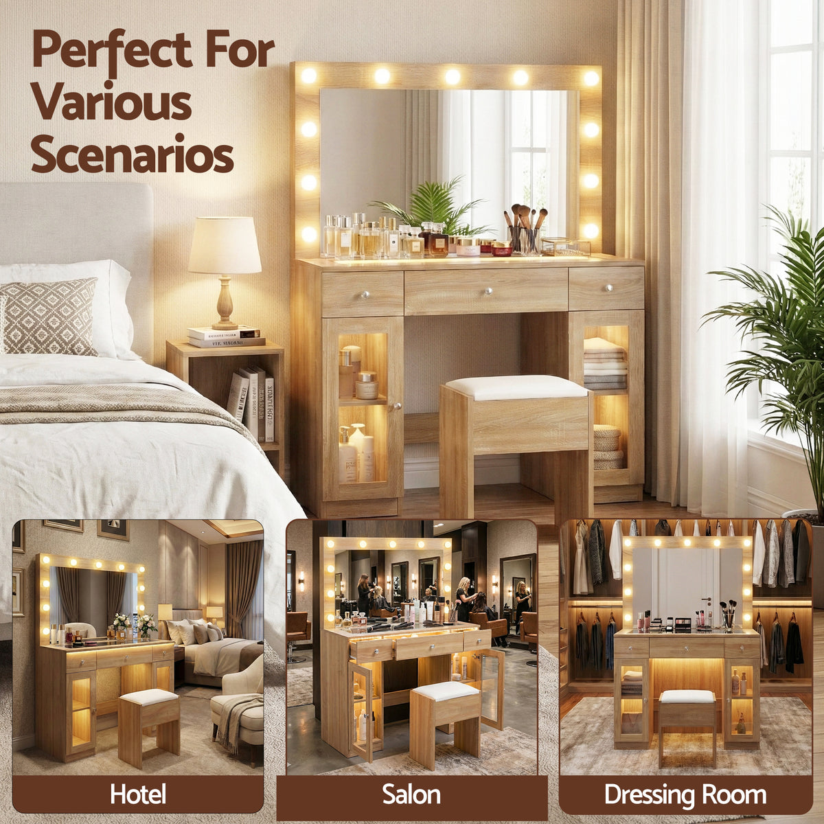 Artiss Wood Finish Dressing Table Set with LED and RGB Lighting