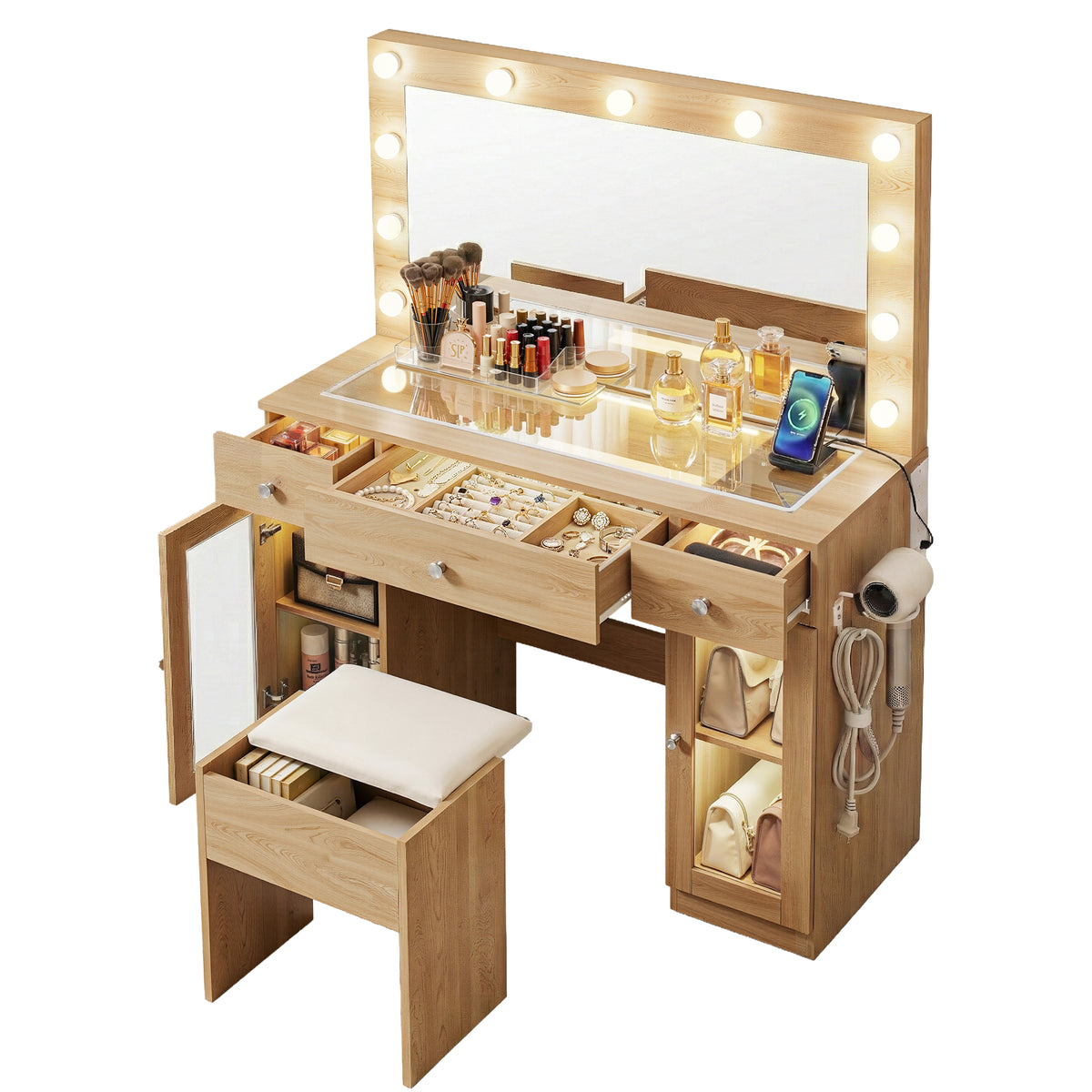 Artiss Wood Finish Dressing Table Set with LED and RGB Lighting