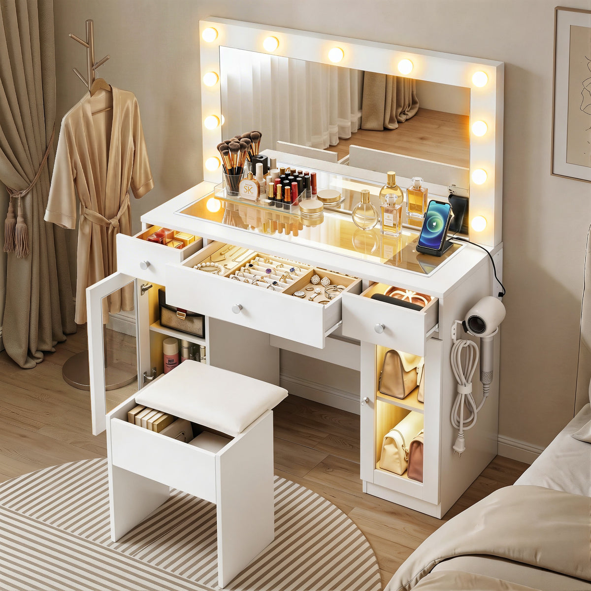 Artiss White Dressing Table Set with LED and RGB Lighting