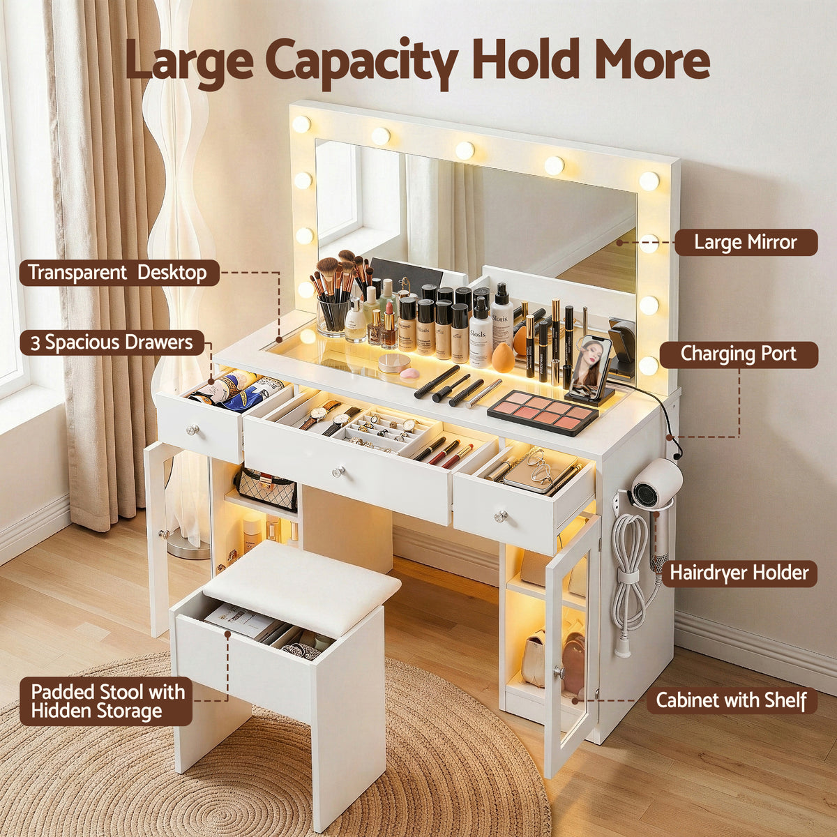 Artiss White Dressing Table Set with LED and RGB Lighting