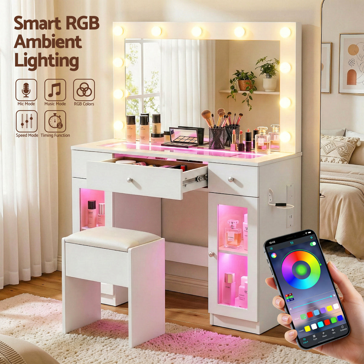 Artiss White Dressing Table Set with LED and RGB Lighting