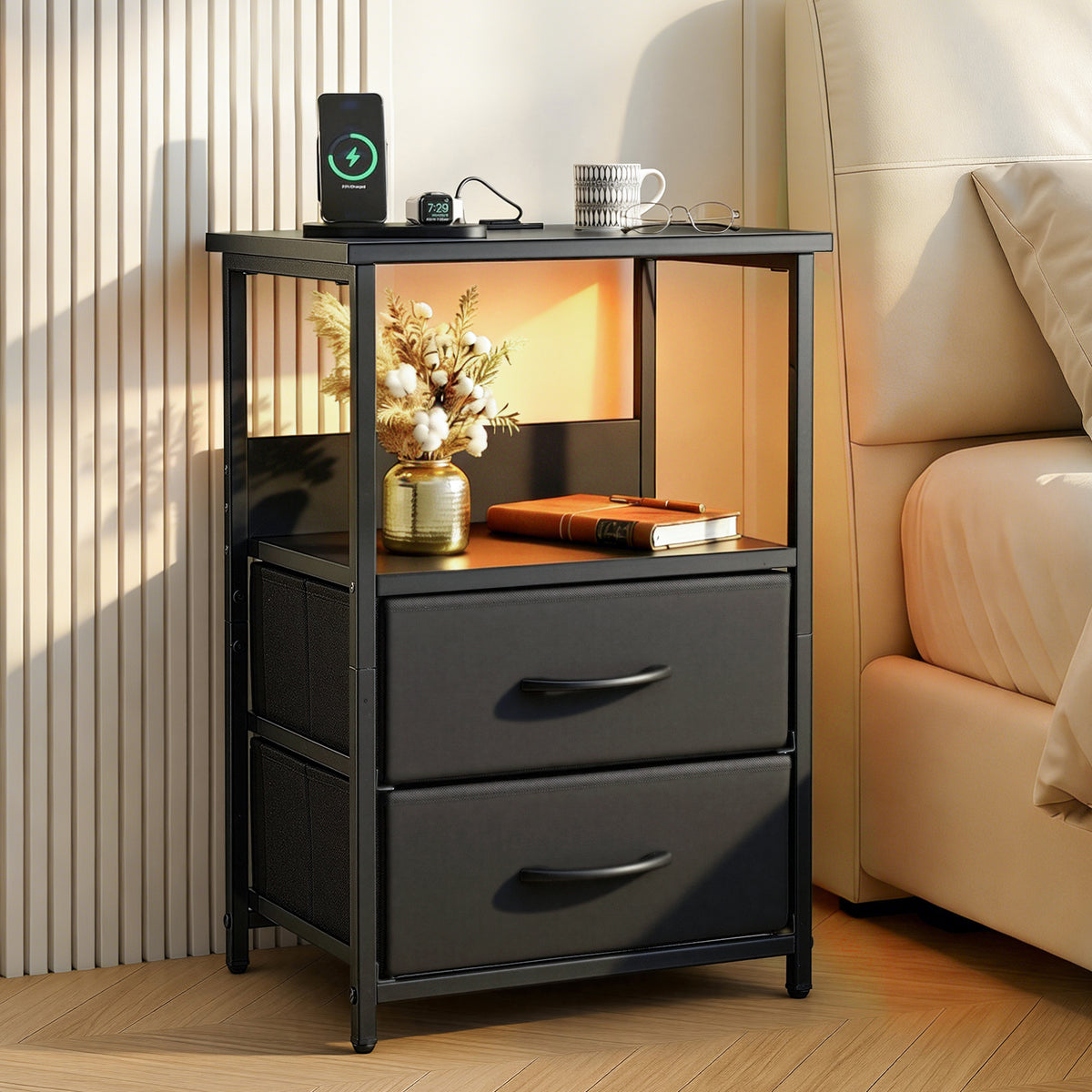 Artiss Black Foldable LED Bedside Table with Charging Station