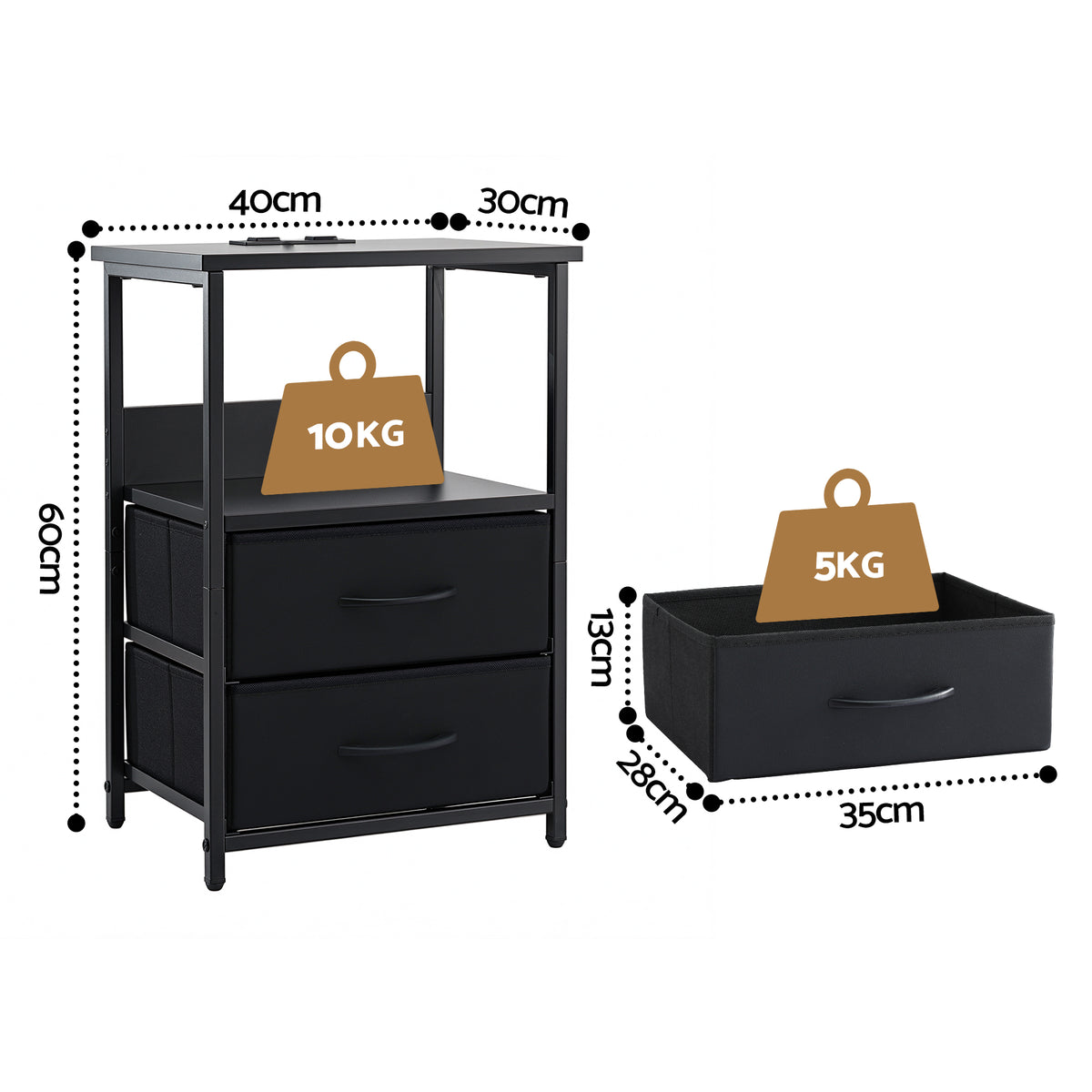 Artiss Black Foldable LED Bedside Table with Charging Station