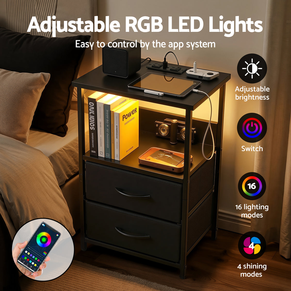 Artiss Black Foldable LED Bedside Table with Charging Station