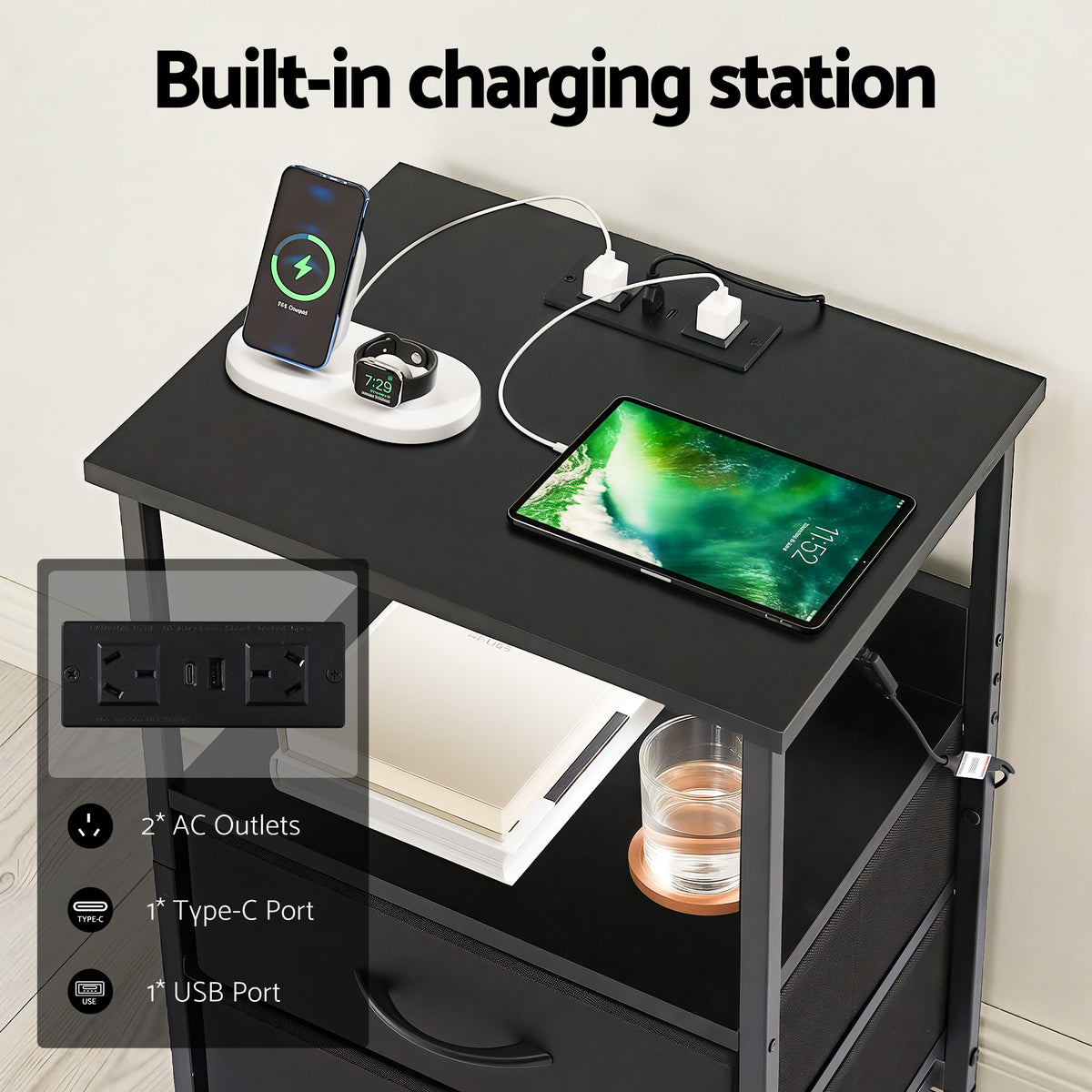 Artiss Black Foldable LED Bedside Table with Charging Station