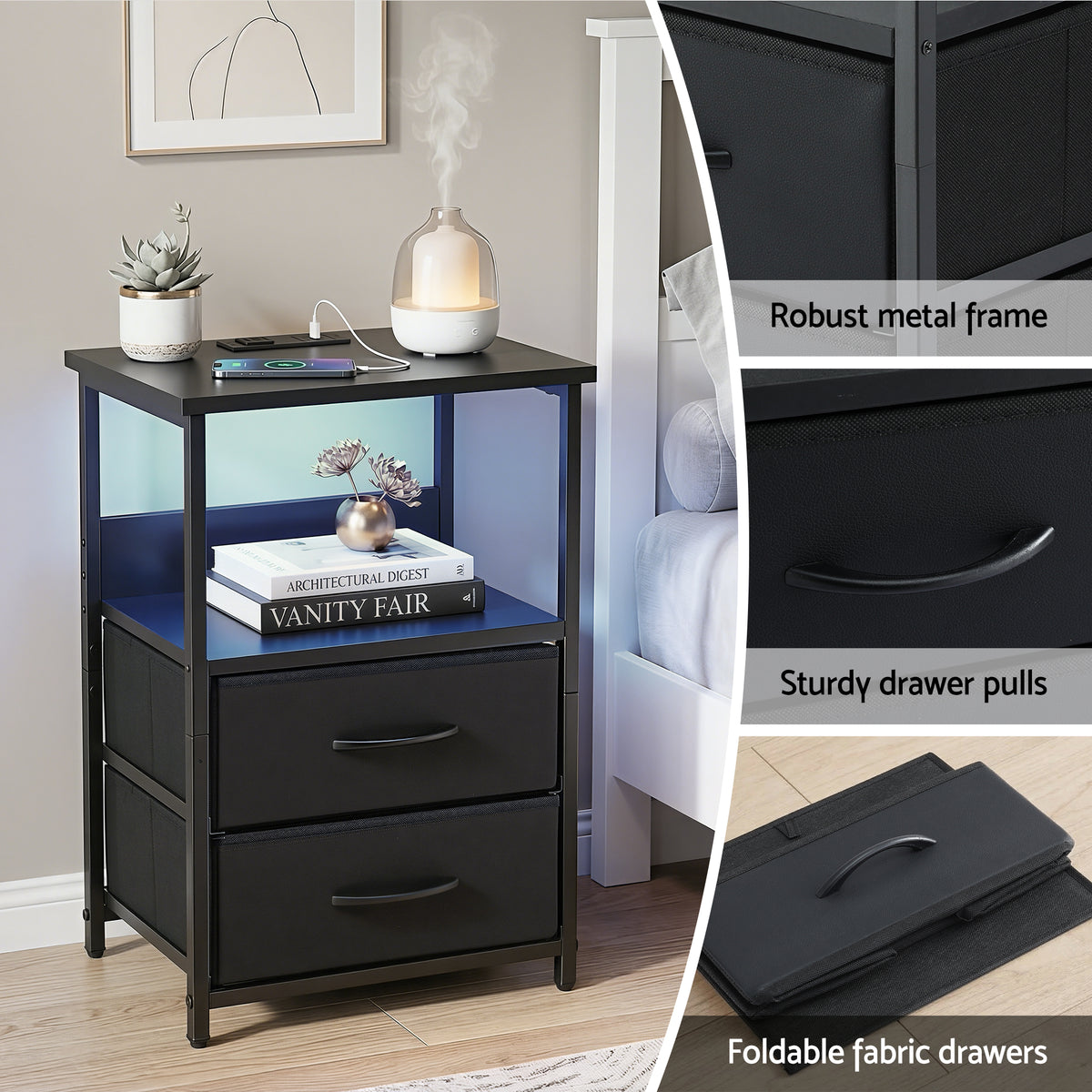 Artiss Black Foldable LED Bedside Table with Charging Station
