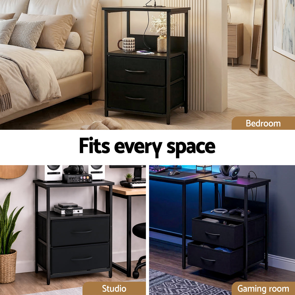 Artiss Black Foldable LED Bedside Table with Charging Station