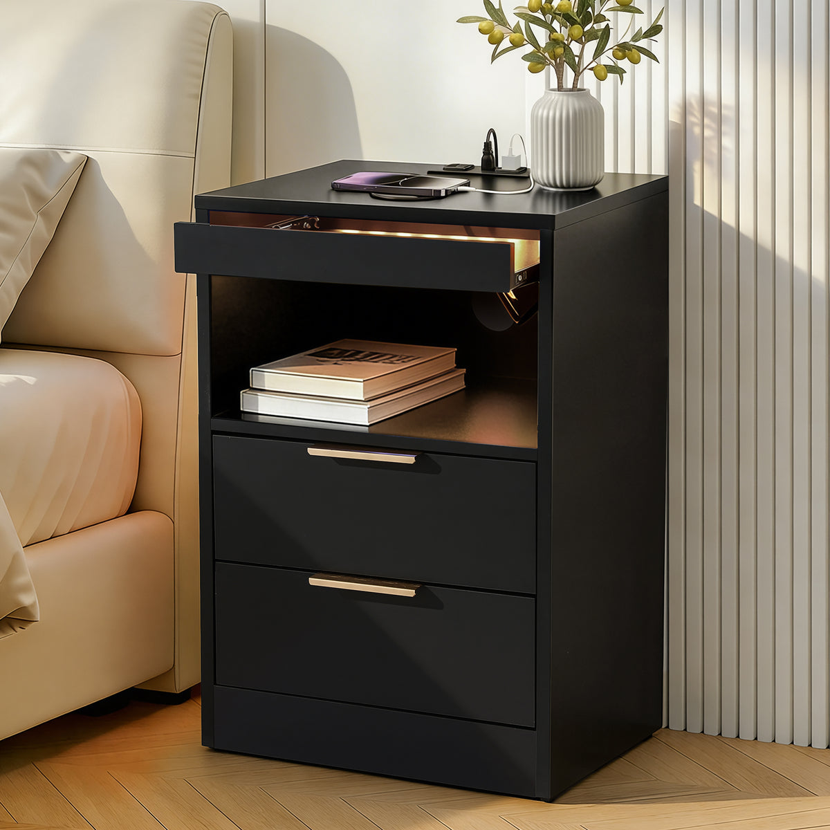 Artiss Black LED Bedside Table with Charging Station