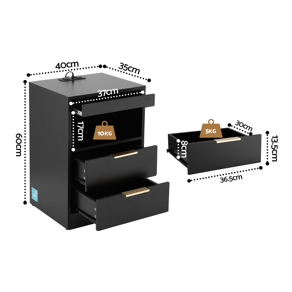 Artiss Black LED Bedside Table with Charging Station