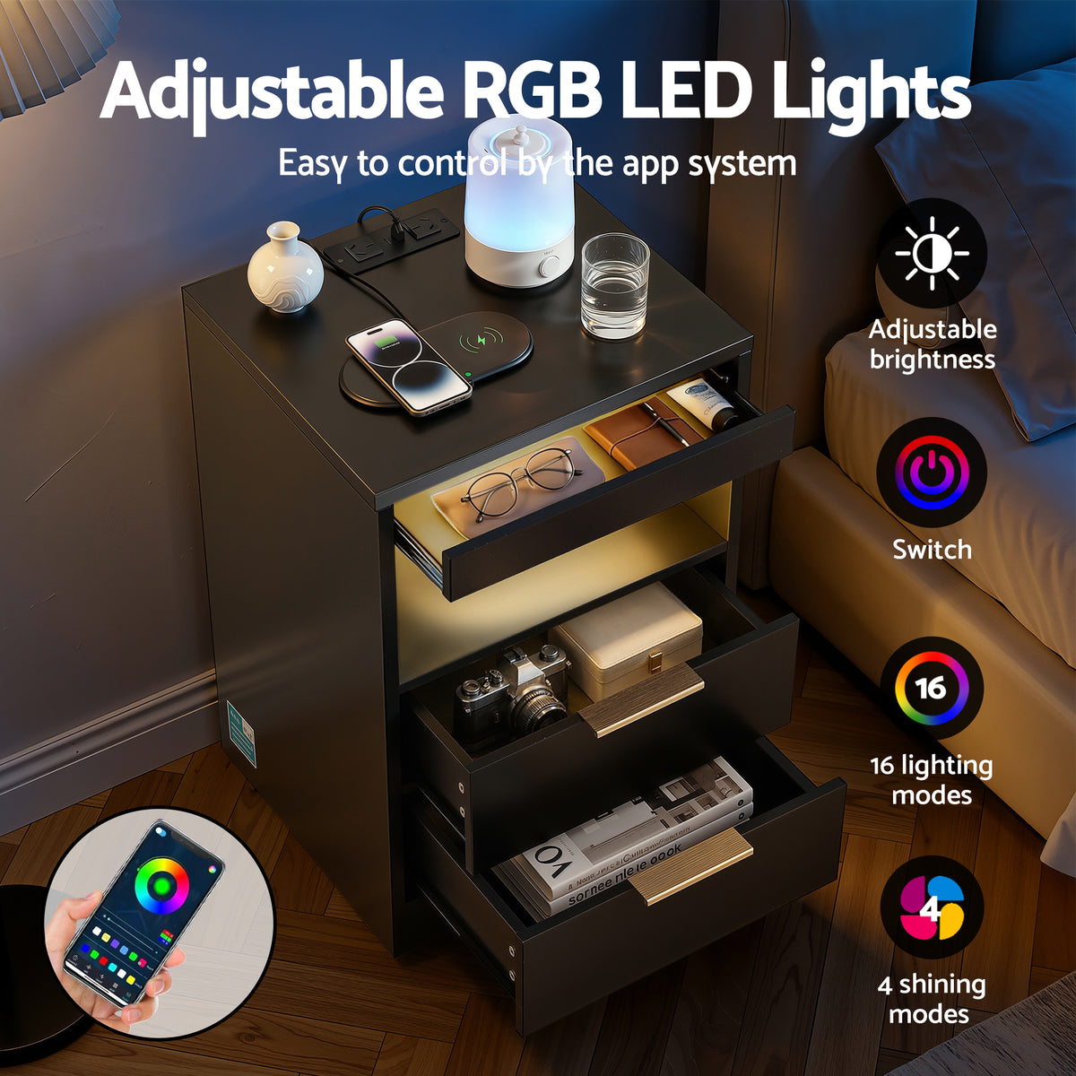 Artiss Black LED Bedside Table with Charging Station