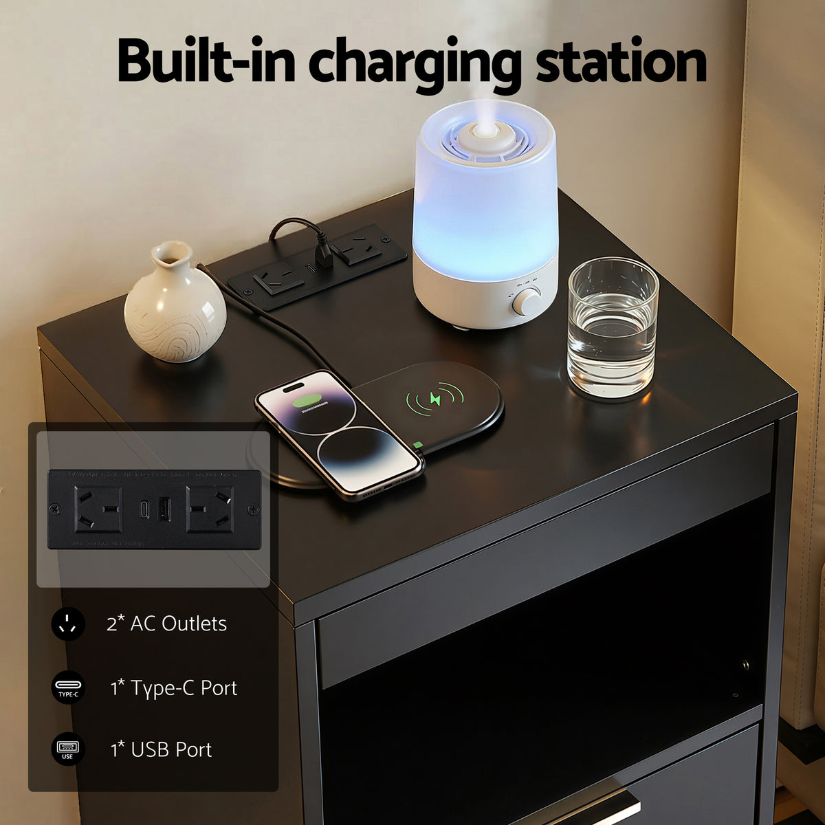 Artiss Black LED Bedside Table with Charging Station