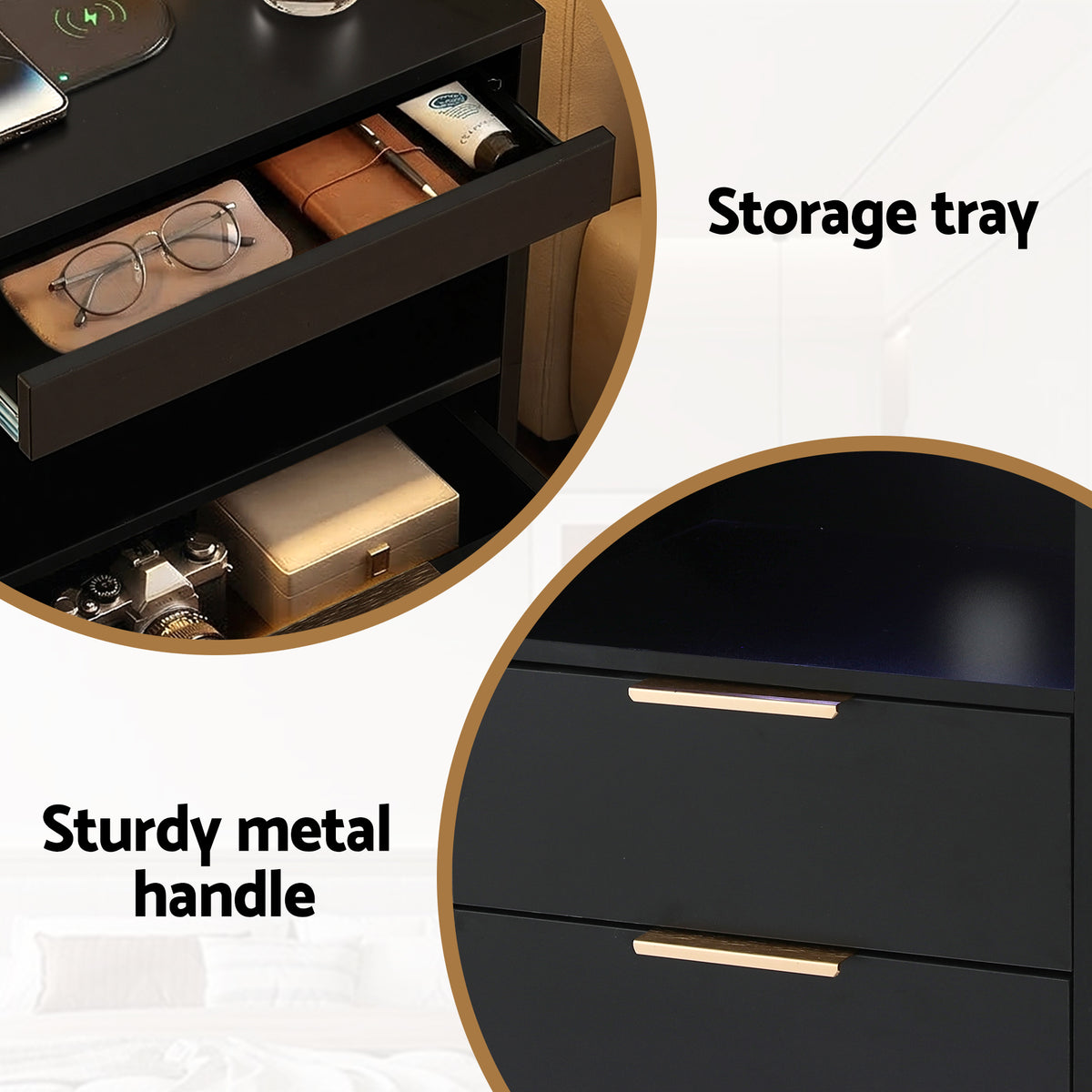 Artiss Black LED Bedside Table with Charging Station