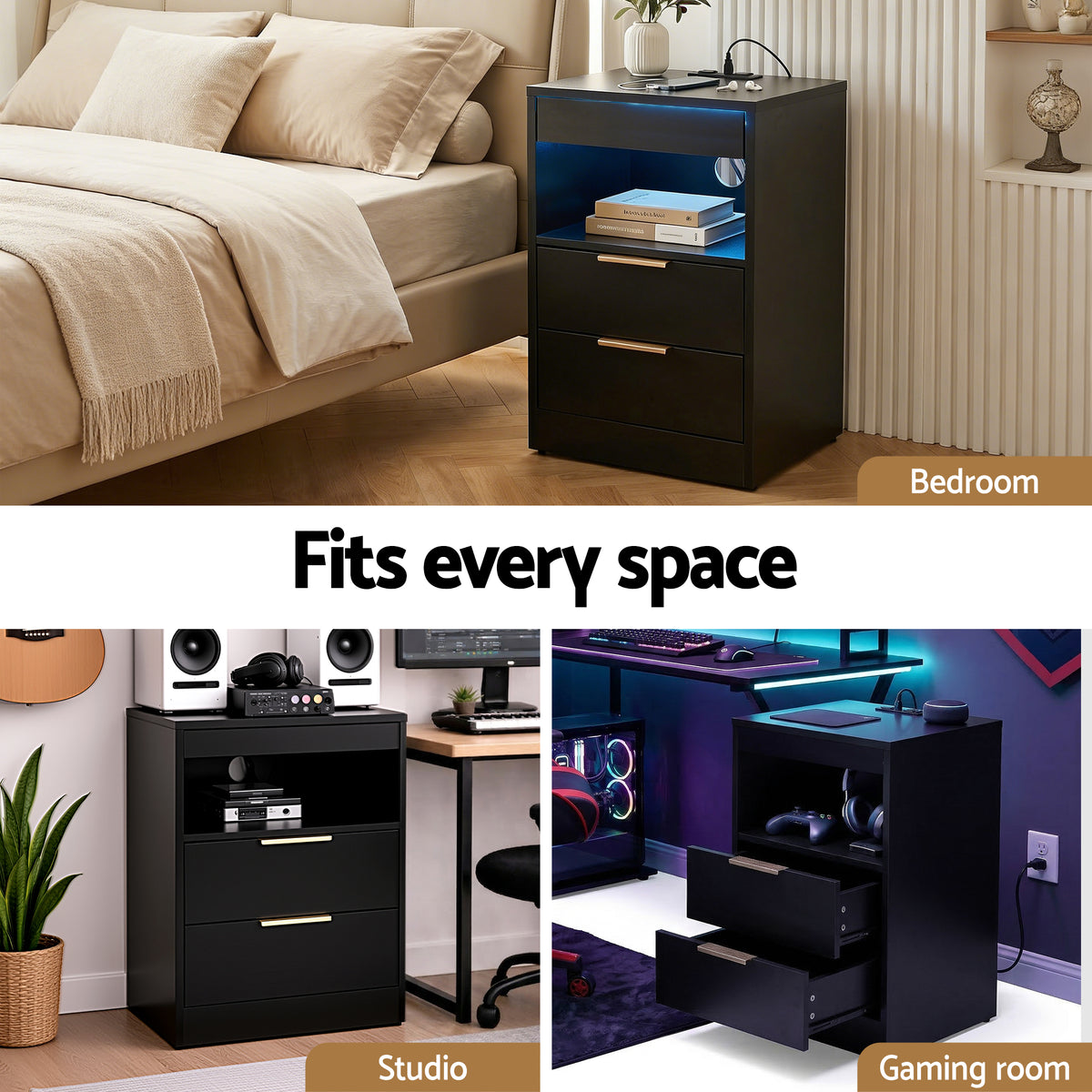 Artiss Black LED Bedside Table with Charging Station