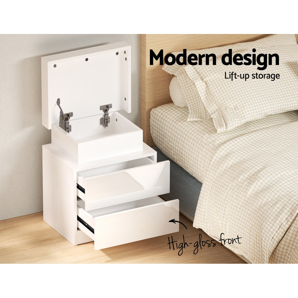 Artiss Coley White LED Bedside Table with Lift Up Storage