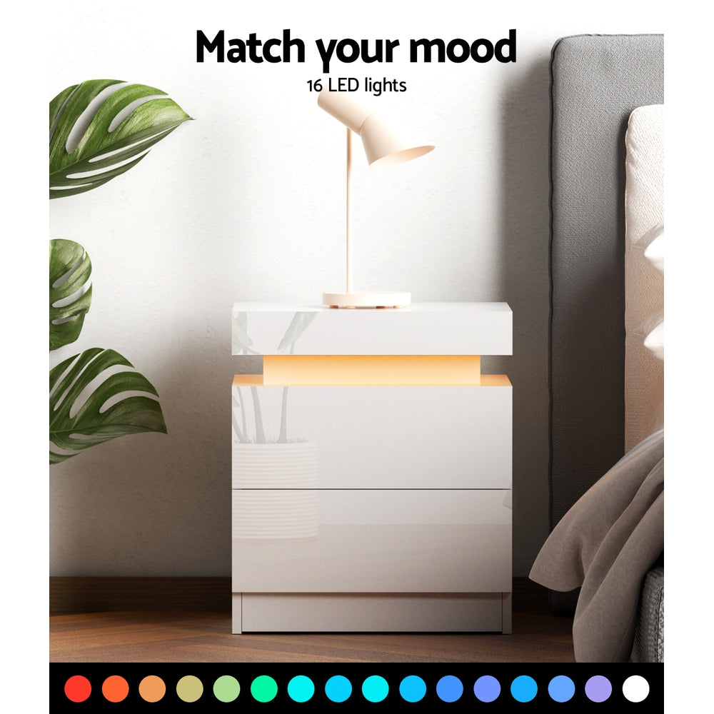 Artiss Coley White LED Bedside Table with Lift Up Storage