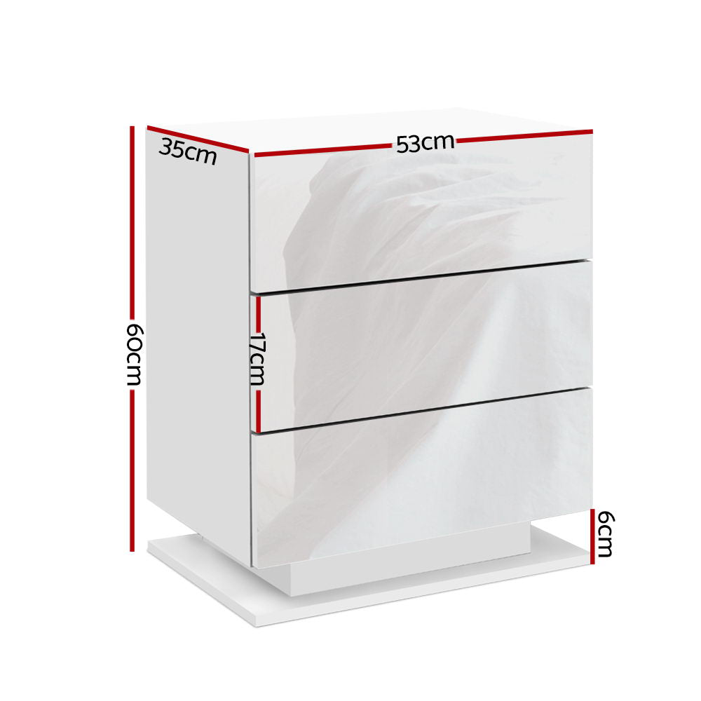 Artiss Mori White LED Bedside Table with Three Drawers
