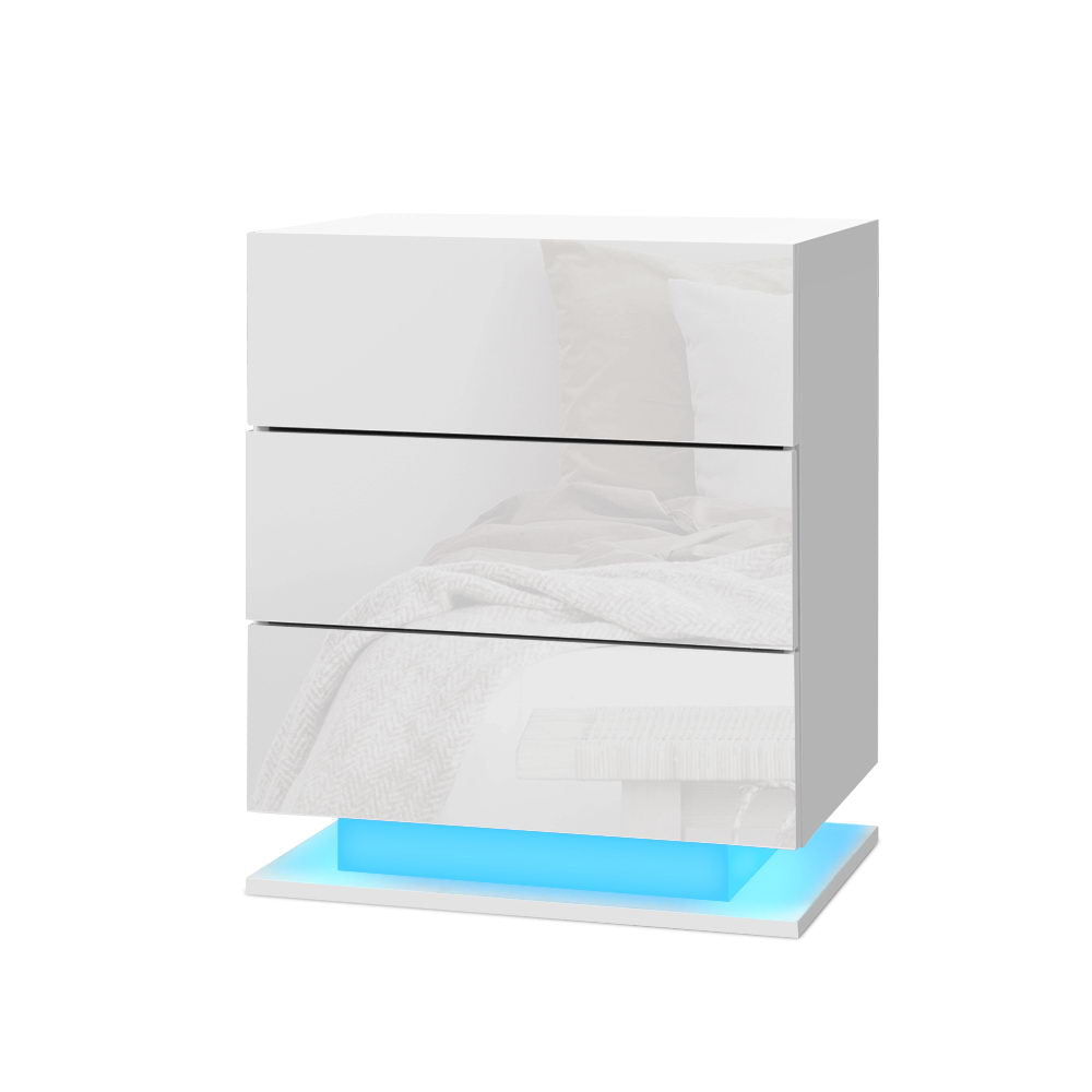 Artiss Mori White LED Bedside Table with Three Drawers