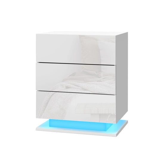 Artiss Mori White LED Bedside Table with Three Drawers