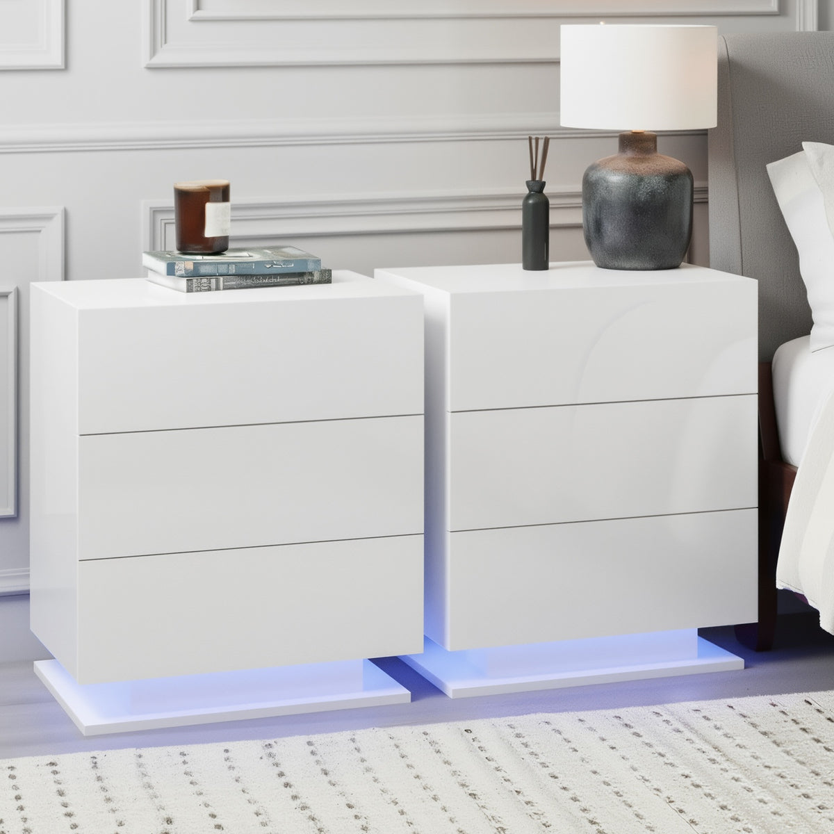 Artiss Mori White LED Bedside Tables, Set of 2