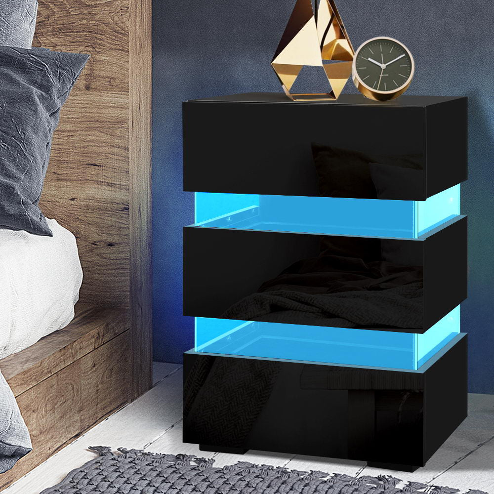 Artiss Lumi Black LED Bedside Table with Three Drawers