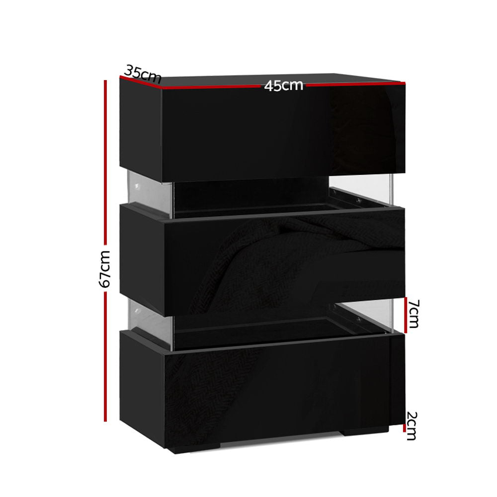Artiss Lumi Black LED Bedside Table with Three Drawers