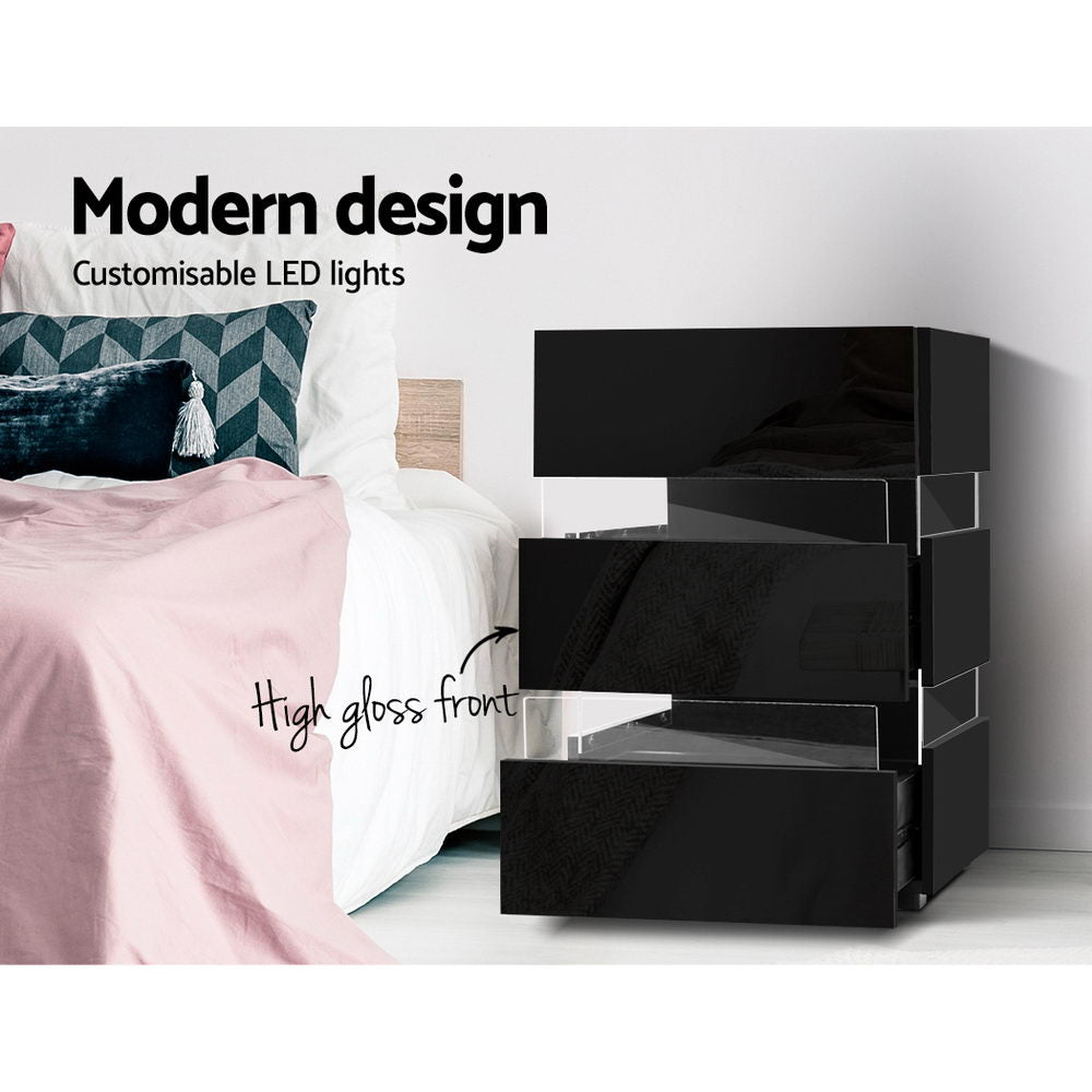 Artiss Lumi Black LED Bedside Table with Three Drawers